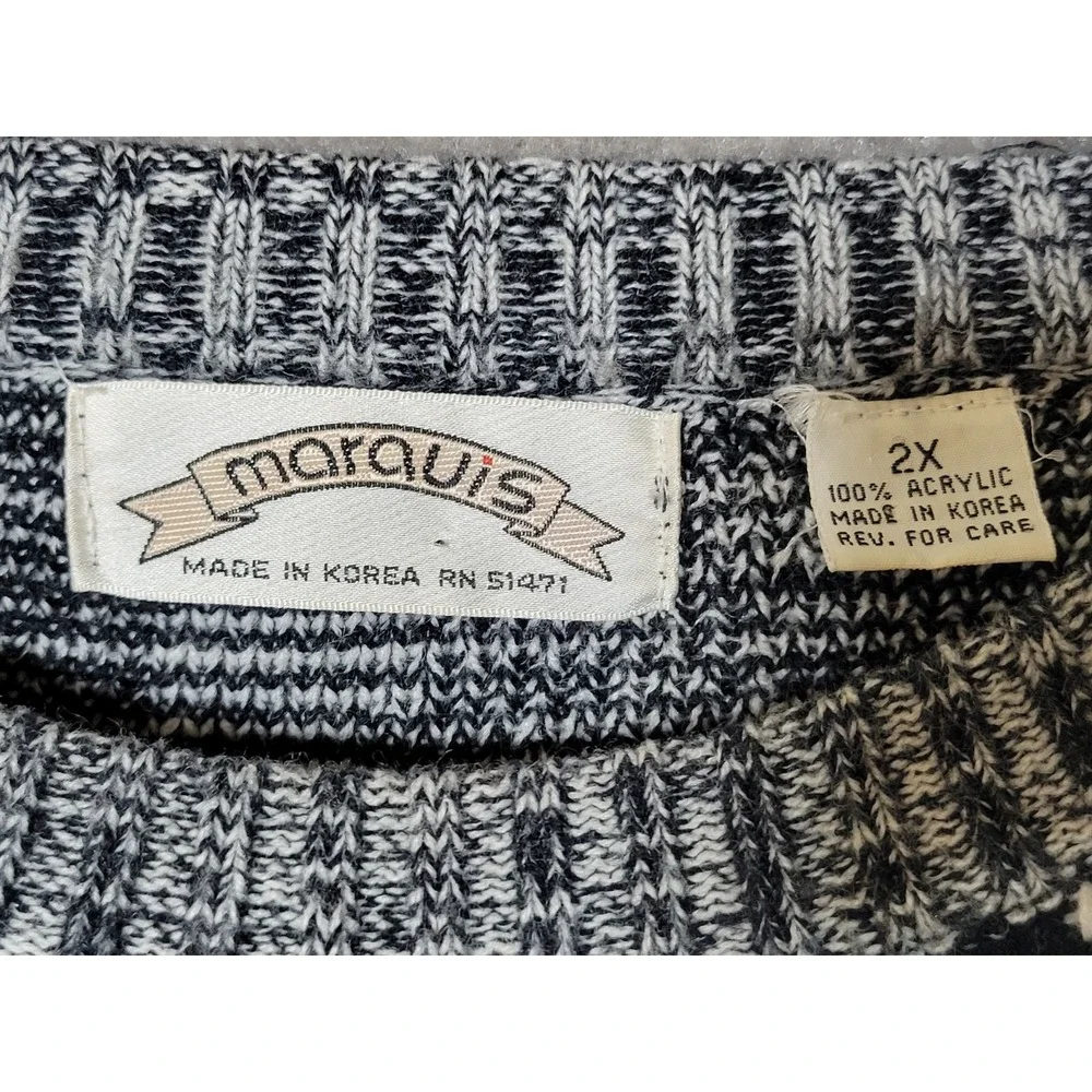 Vintage Marquis Sweater Mens Size 2X Black White Acrylic Drop Shoulder Crew Neck